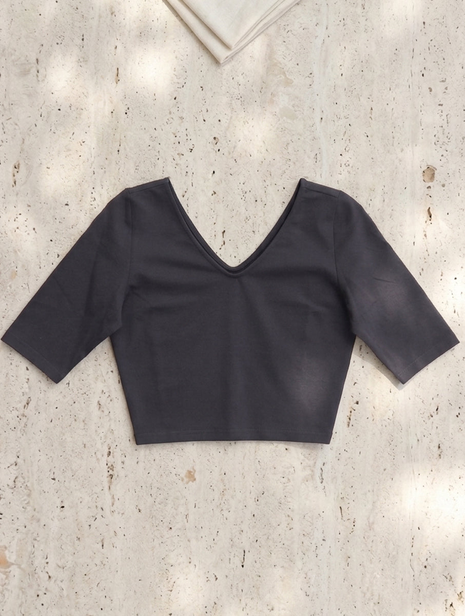 Dark Grey Solid Stretchable Blouse/Crop Top