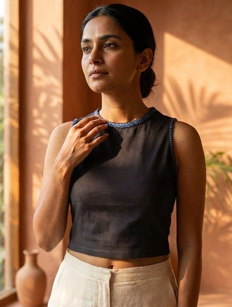 Lazy Daisy and Blanket Stitch Dark Grey Hand Embroidered High Neck Stretchable Blouse/Crop Top
