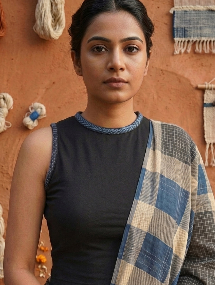 Lazy Daisy and Blanket Stitch Dark Grey Hand Embroidered High Neck Stretchable Blouse/Crop Top