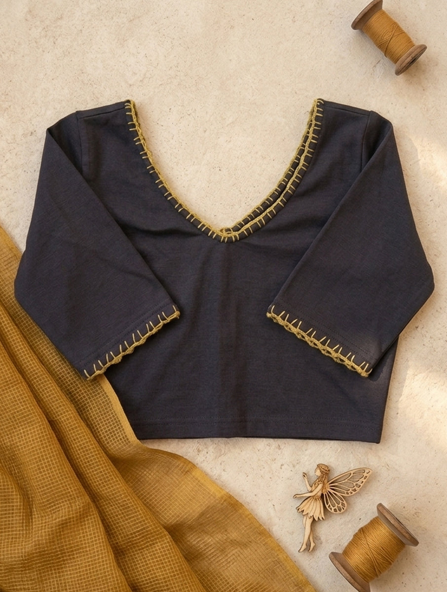 Crochet Knot Button Hole Stitch Dark Grey Hand Embroidered Stretchable Blouse/Crop Top