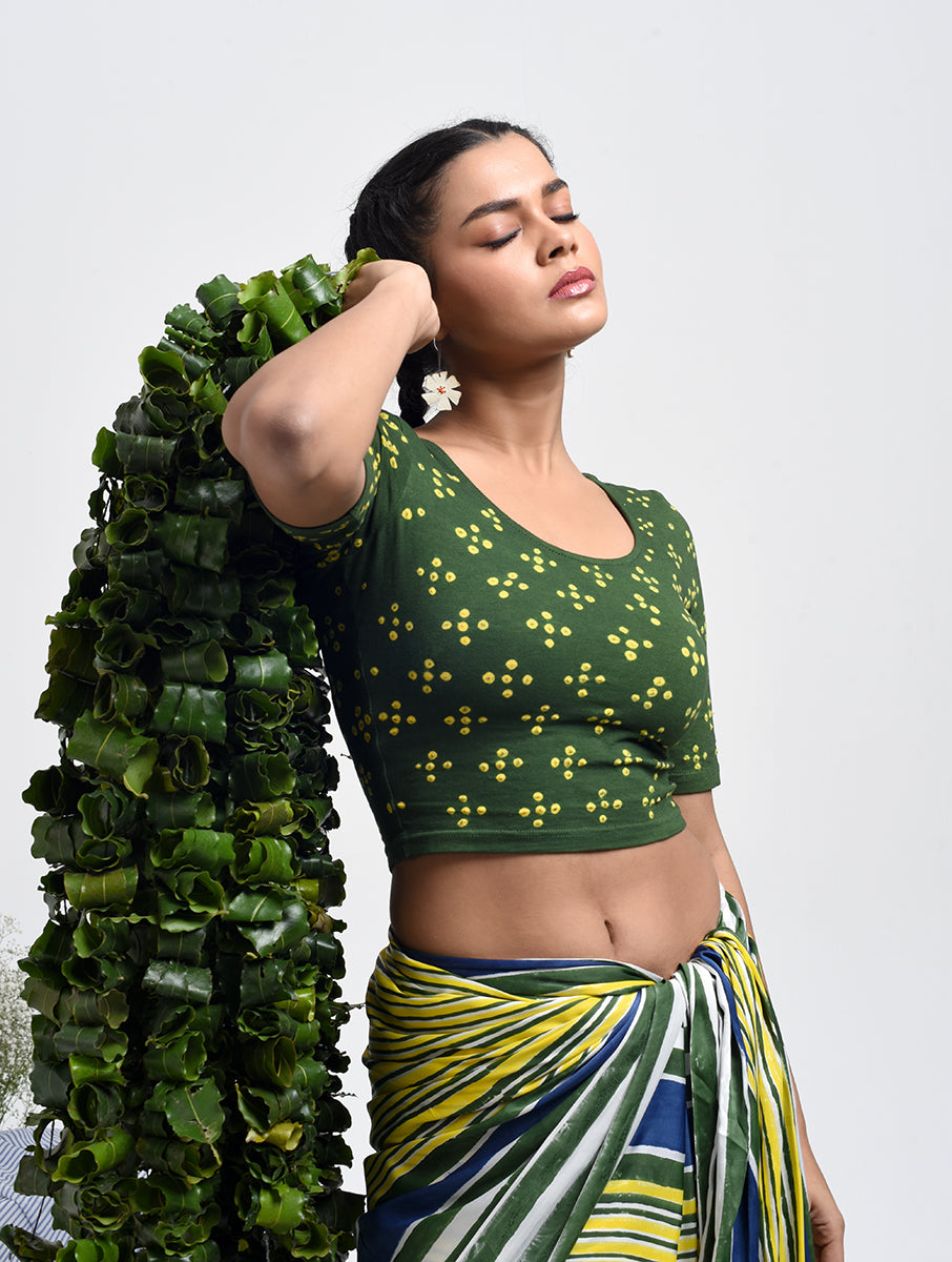 Green Yellow Booti Bandhej Stretchable Blouse