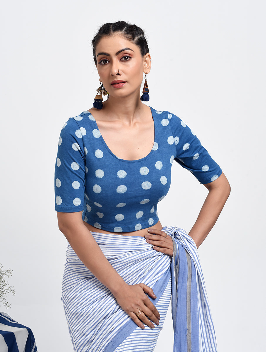 Indigo Polka Dabu Printed Stretchable Blouse/Crop Top