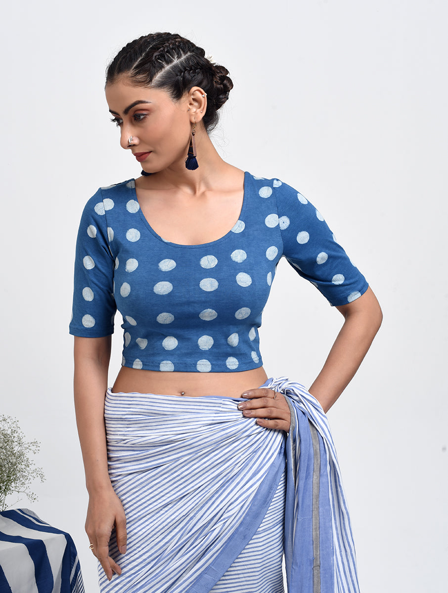 Indigo Polka Dabu Printed Stretchable Blouse/Crop Top