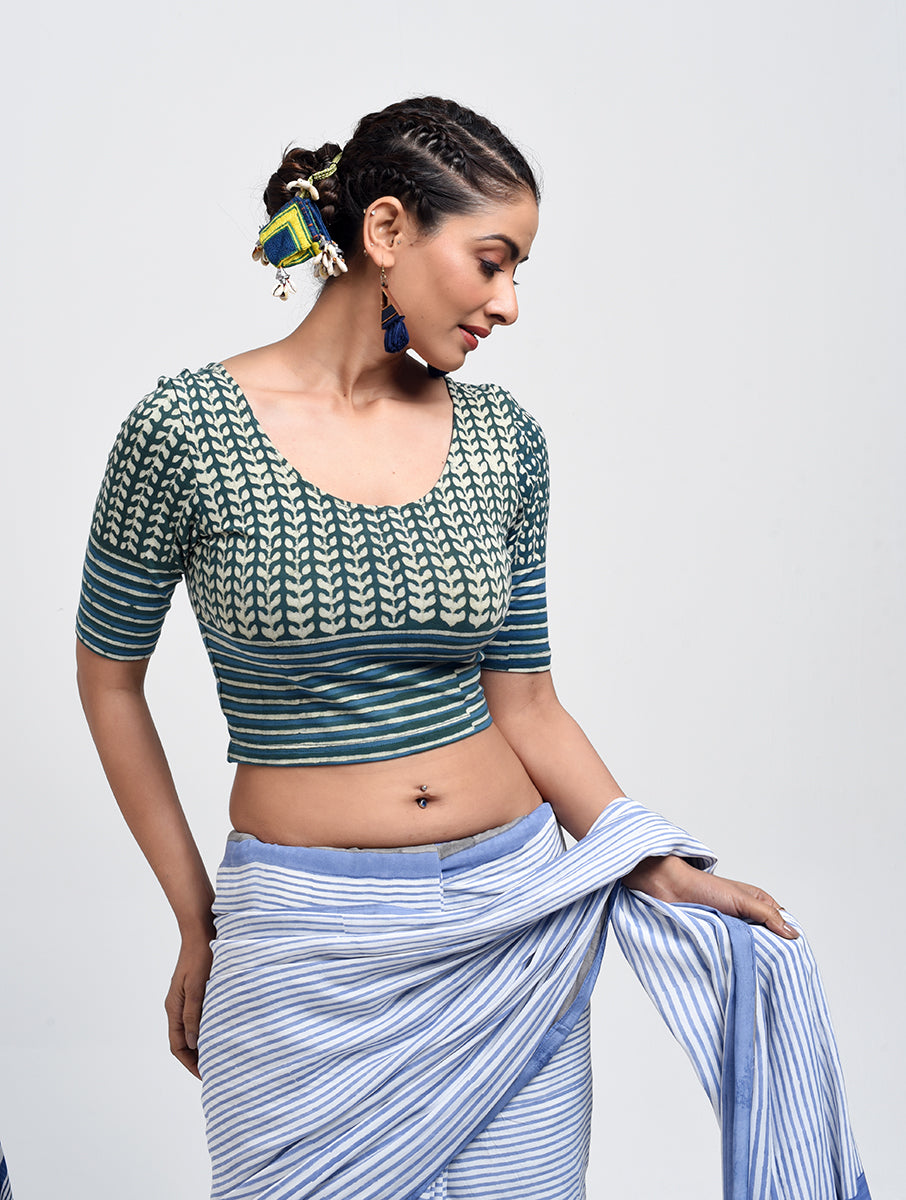 Green Leaf Lined Dabu Printed Stretchable Blouse/Crop Top