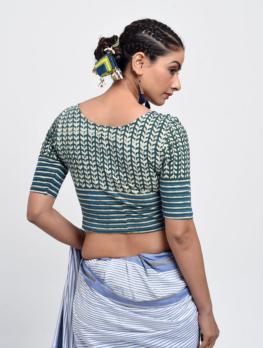 Green Leaf Lined Dabu Printed Stretchable Blouse/Crop Top