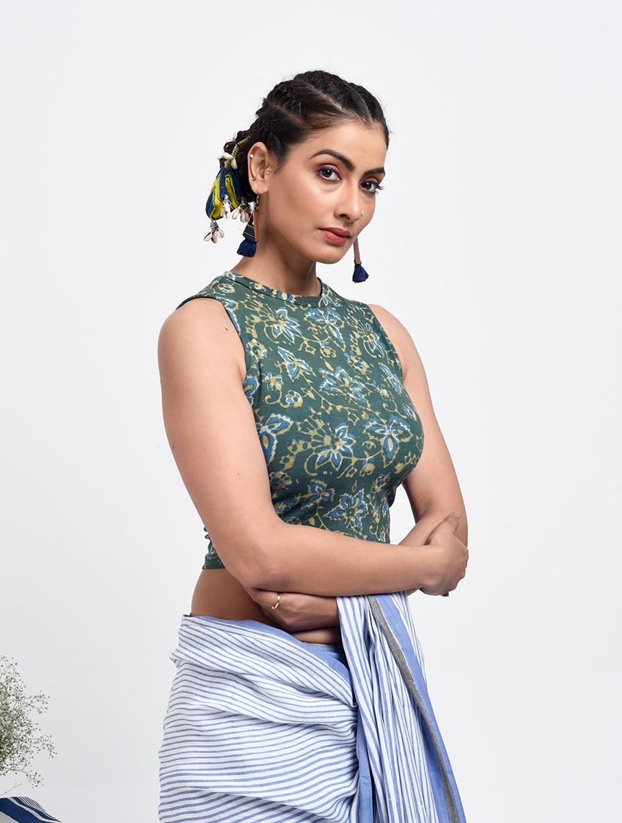 Green Jaal Dabu Printed Stretchable High Neck Blouse/Crop Top