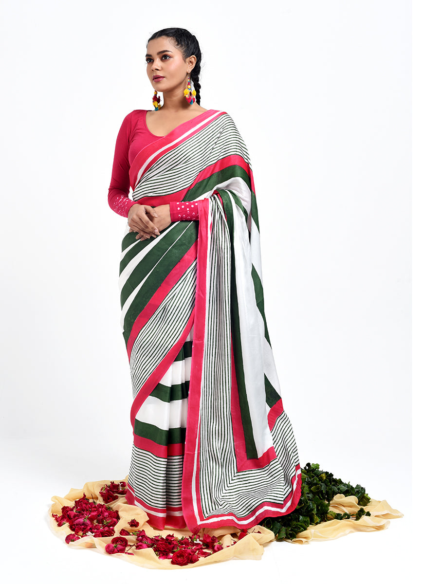 Green Pink Stripe Saree – Sanganeri Printed Modal Silk