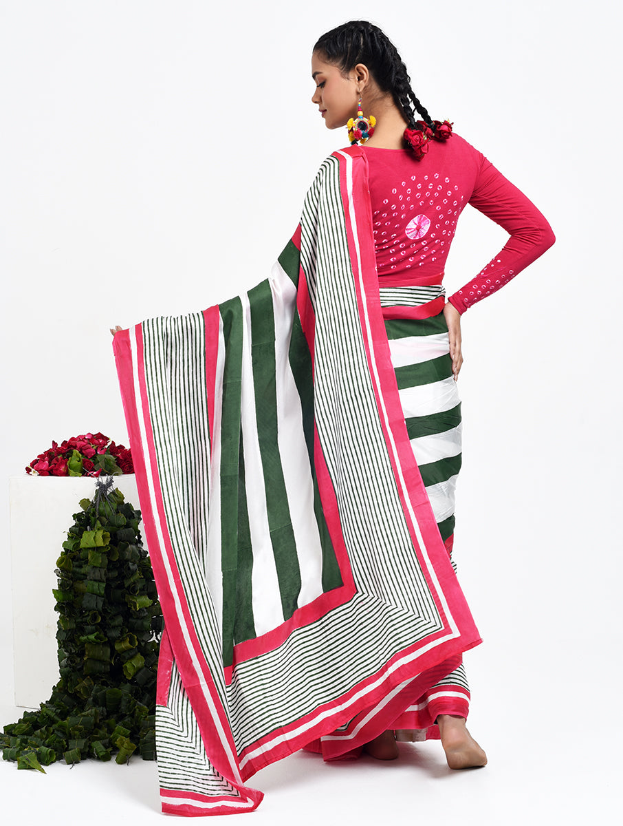Green Pink Stripe Saree – Sanganeri Printed Modal Silk
