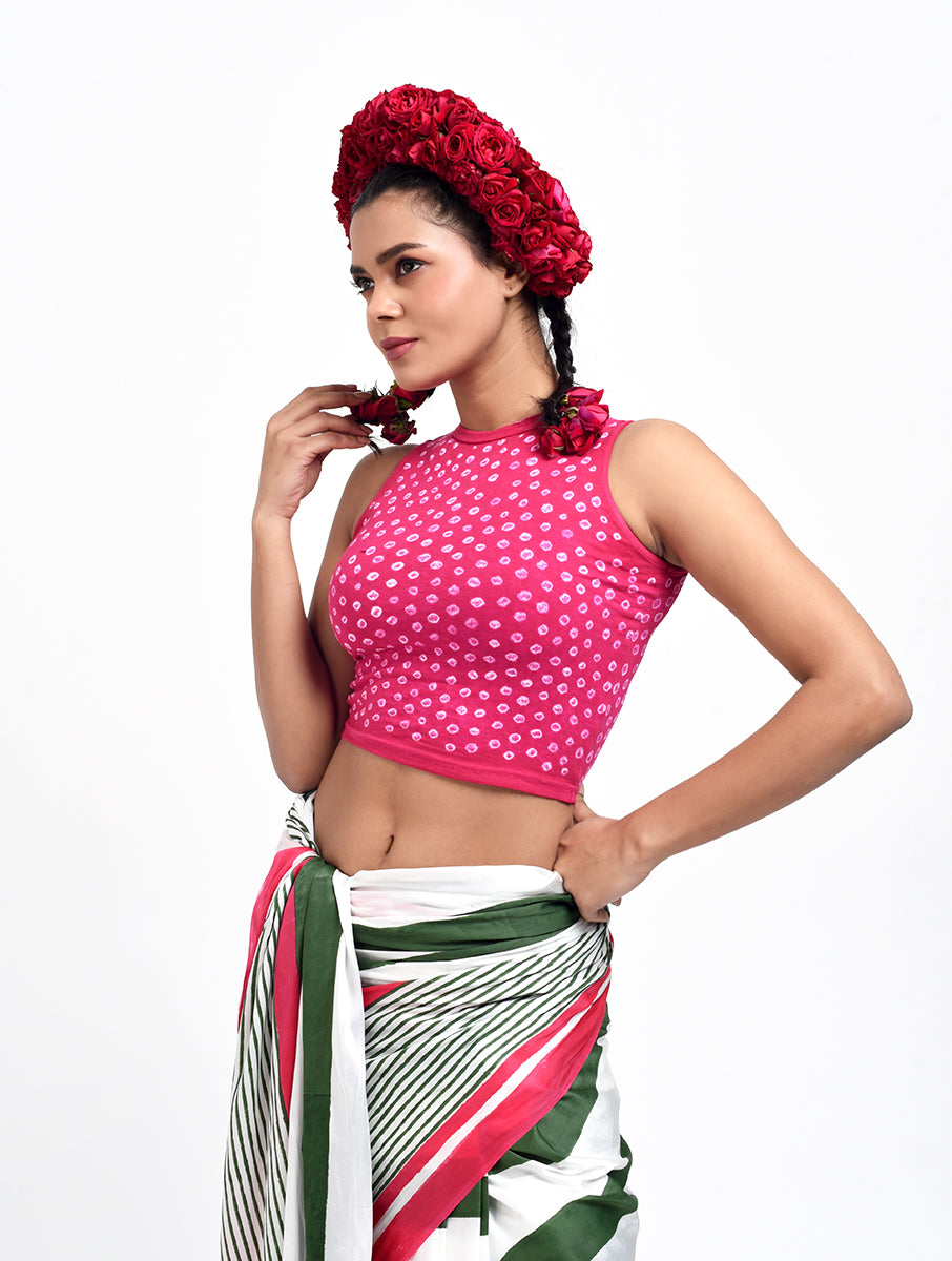 Pink Overall Bandhej Stretchable Highneck Blouse