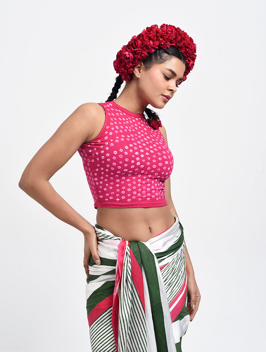 Pink Overall Bandhej Stretchable Highneck Blouse