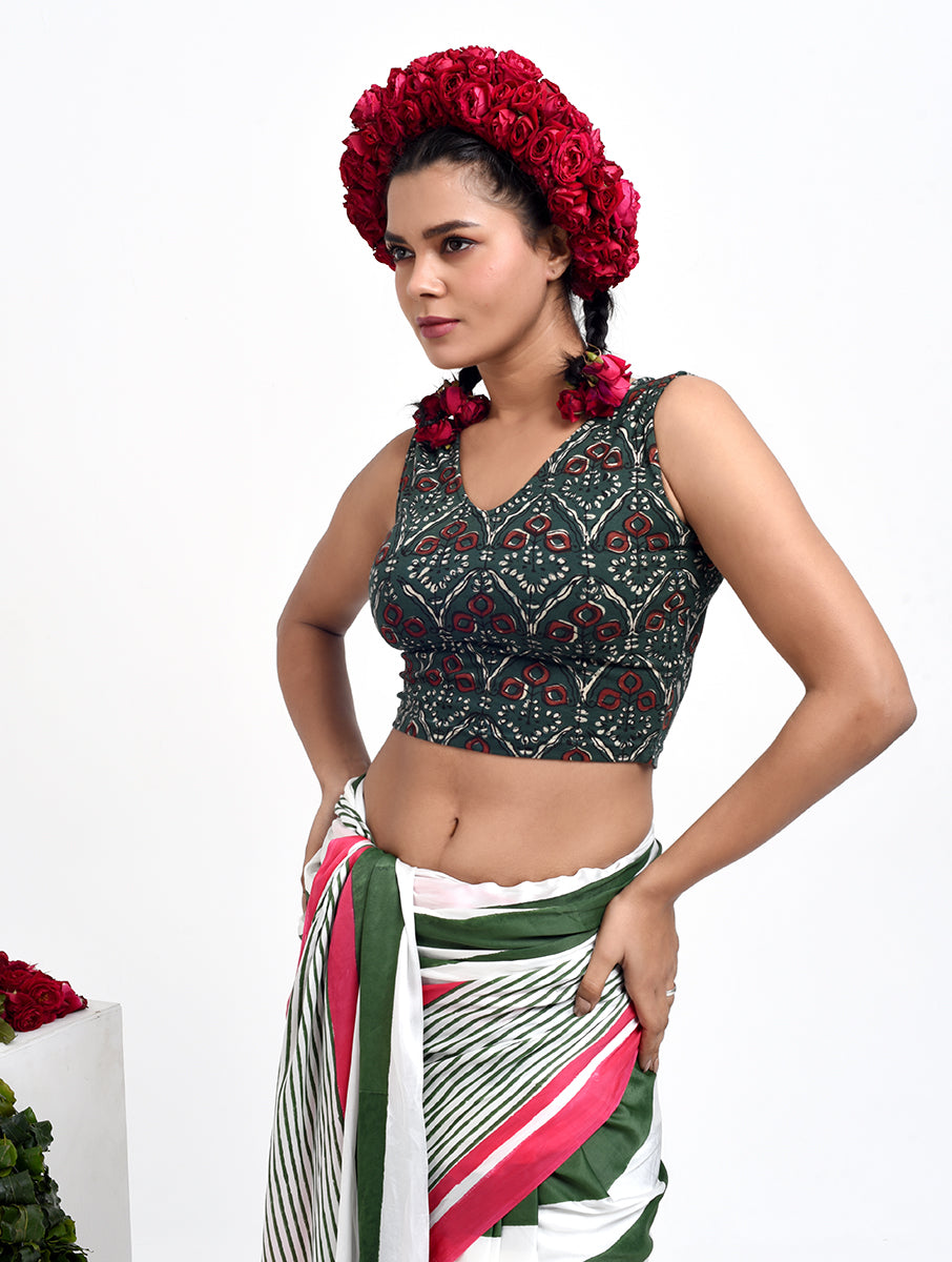 Mehandi Green Dabu Printed Sleeveless Stretchable Blouse/Crop Top