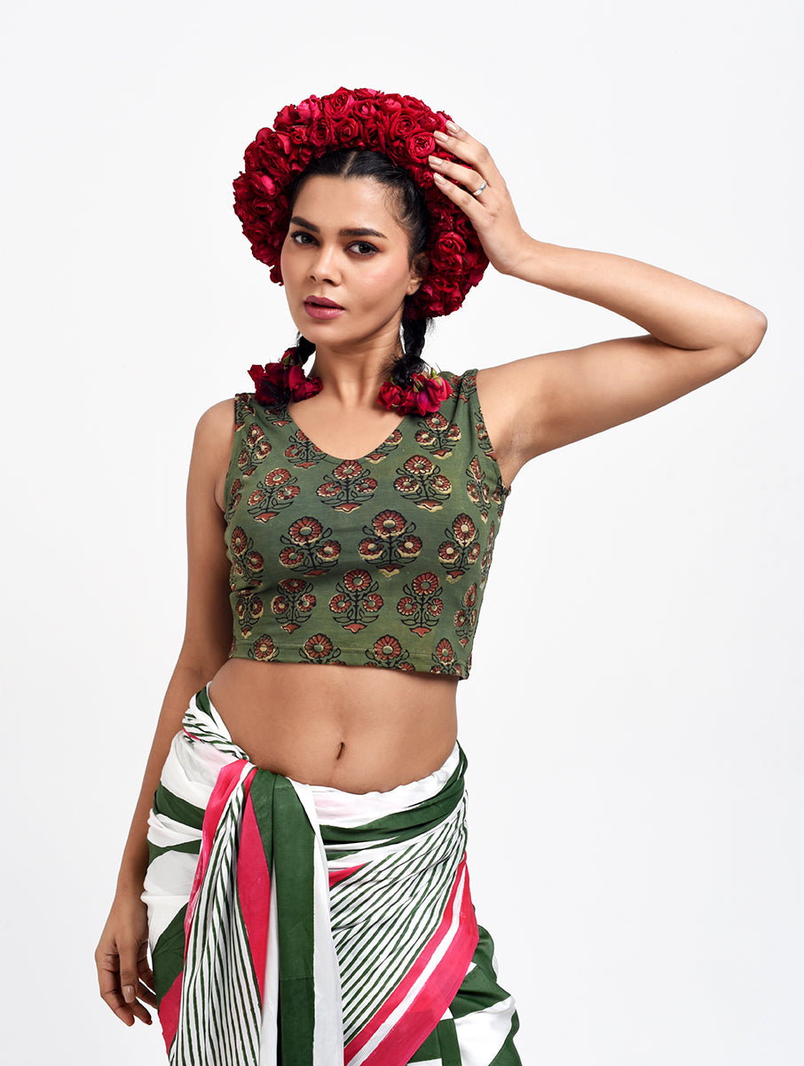 Green Guldasta Dabu Printed Sleeveless Stretchable Blouse/Crop Top