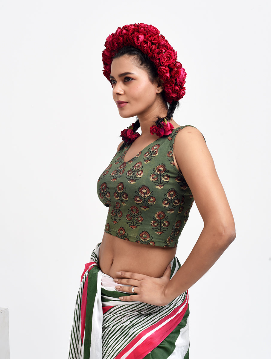 Green Guldasta Dabu Printed Sleeveless Stretchable Blouse/Crop Top