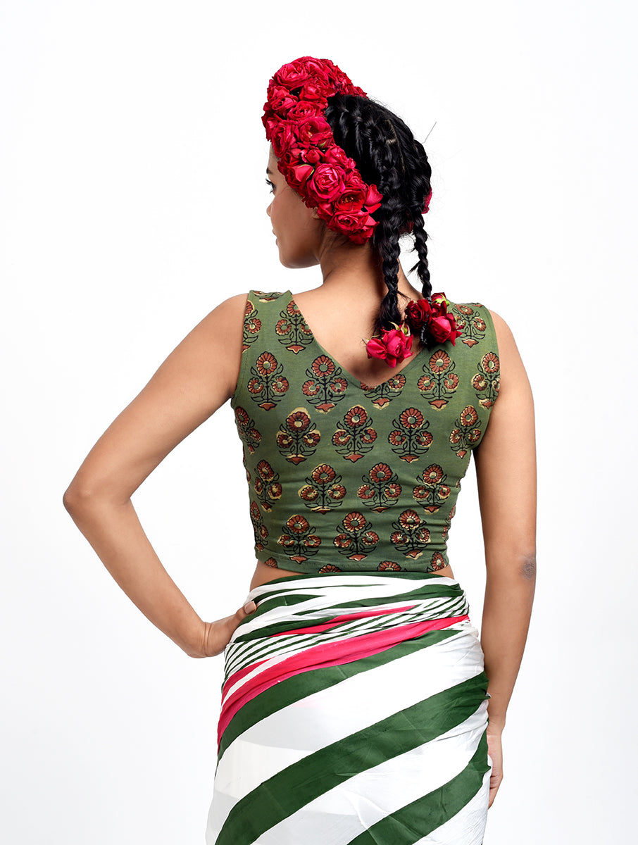 Green Guldasta Dabu Printed Sleeveless Stretchable Blouse/Crop Top