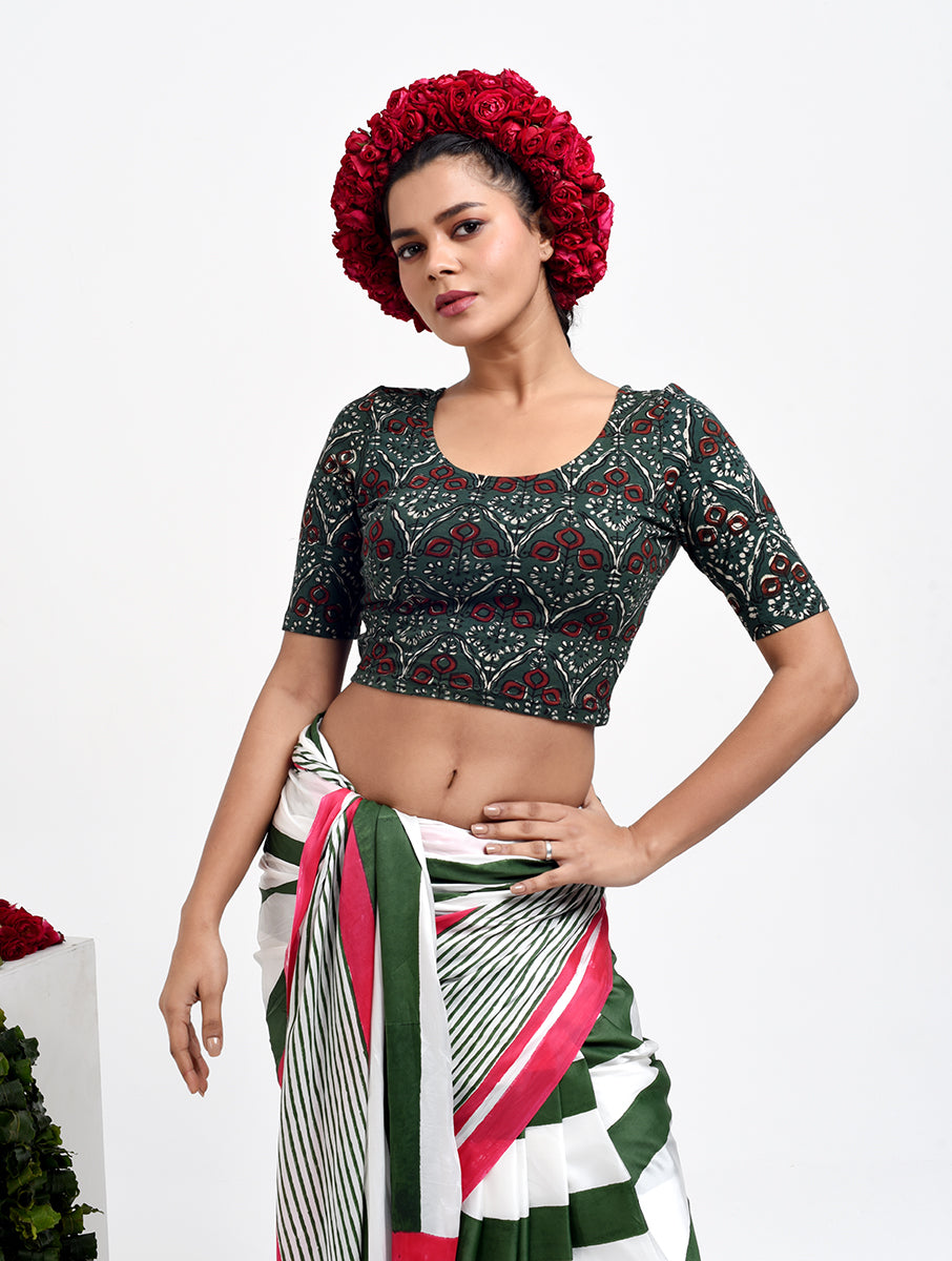 Mehandi Green Dabu Print Stretchable Blouse/Crop Top