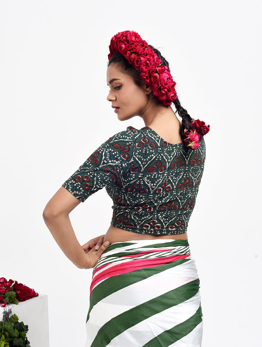 Mehandi Green Dabu Print Stretchable Blouse/Crop Top