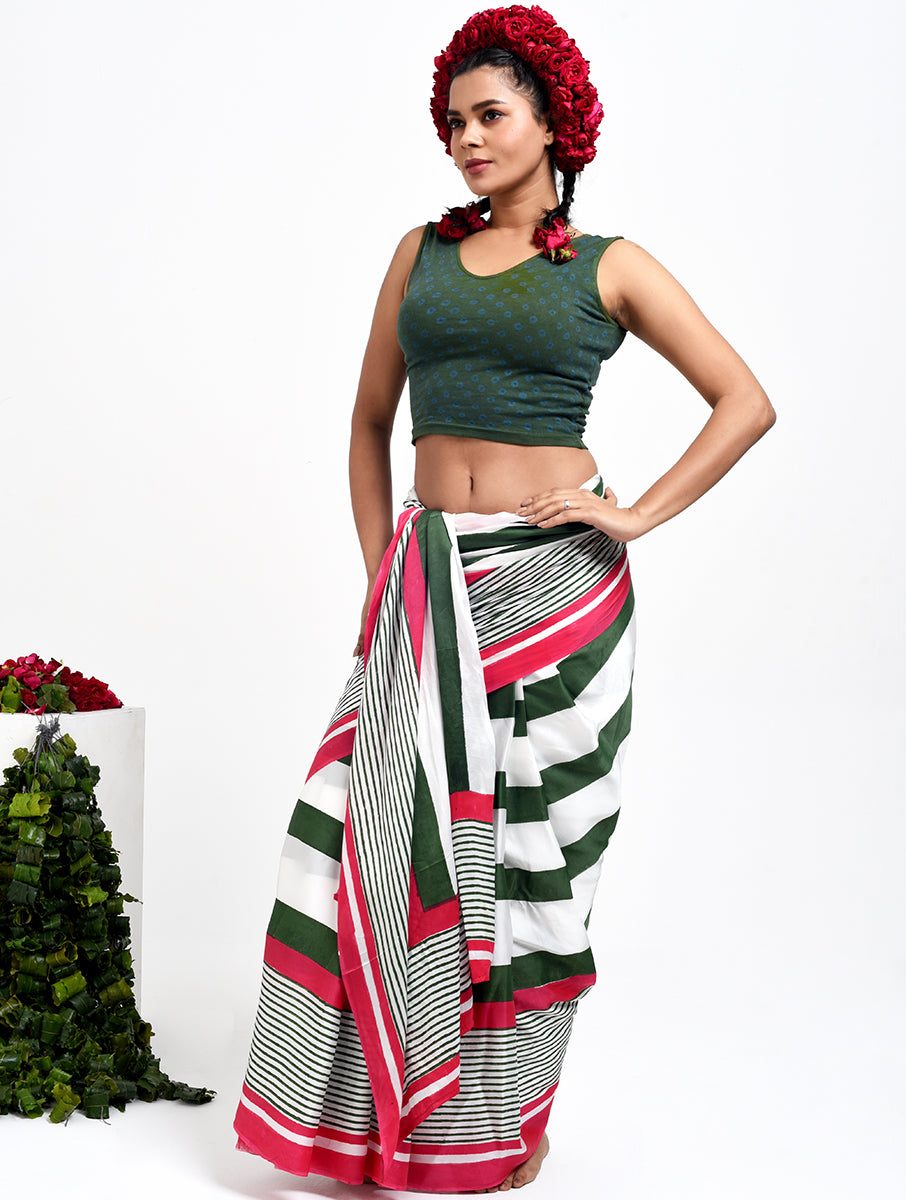 Green Blue Dot Bandhej Stretchable Blouse/Crop Top