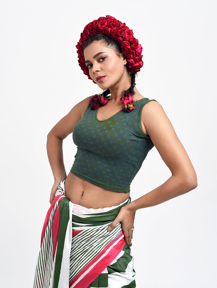 Green Blue Dot Bandhej Stretchable Blouse/Crop Top