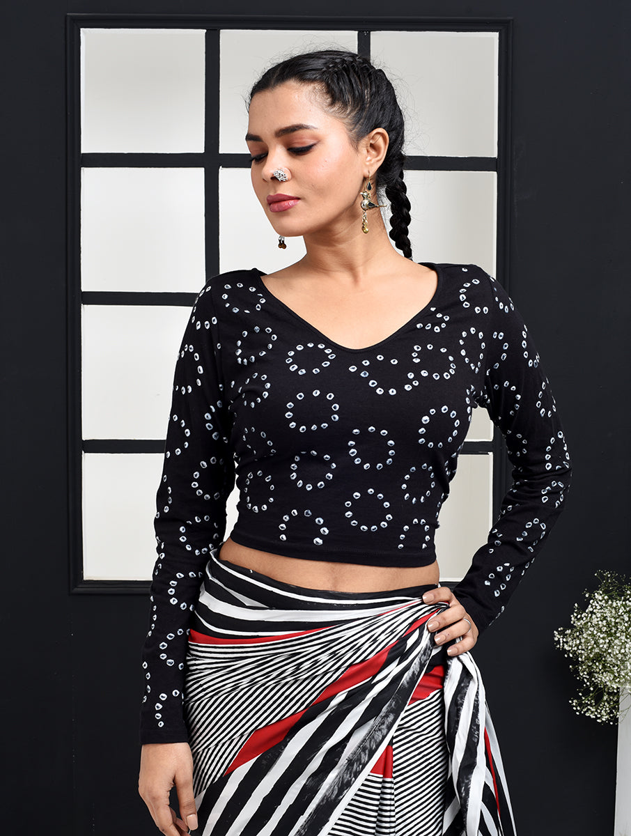 Black Chakri Bandhej Stretchable Blouse/Crop Top