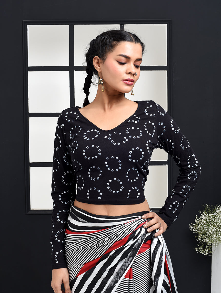 Black Chakri Bandhej Stretchable Blouse/Crop Top