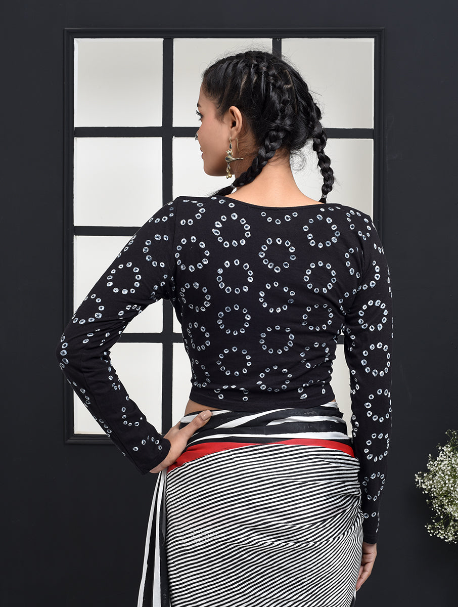 Black Chakri Bandhej Stretchable Blouse/Crop Top