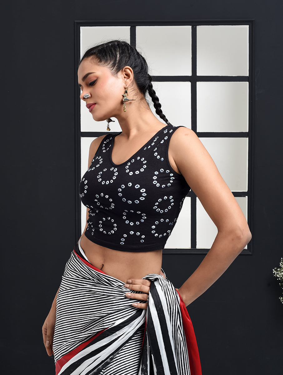 Black Chakri Bandhej Stretchable Blouse/Crop Top
