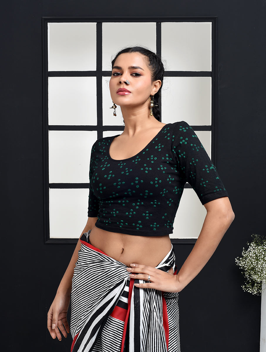Black Green Booti Bandhej Stretchable Blouse
