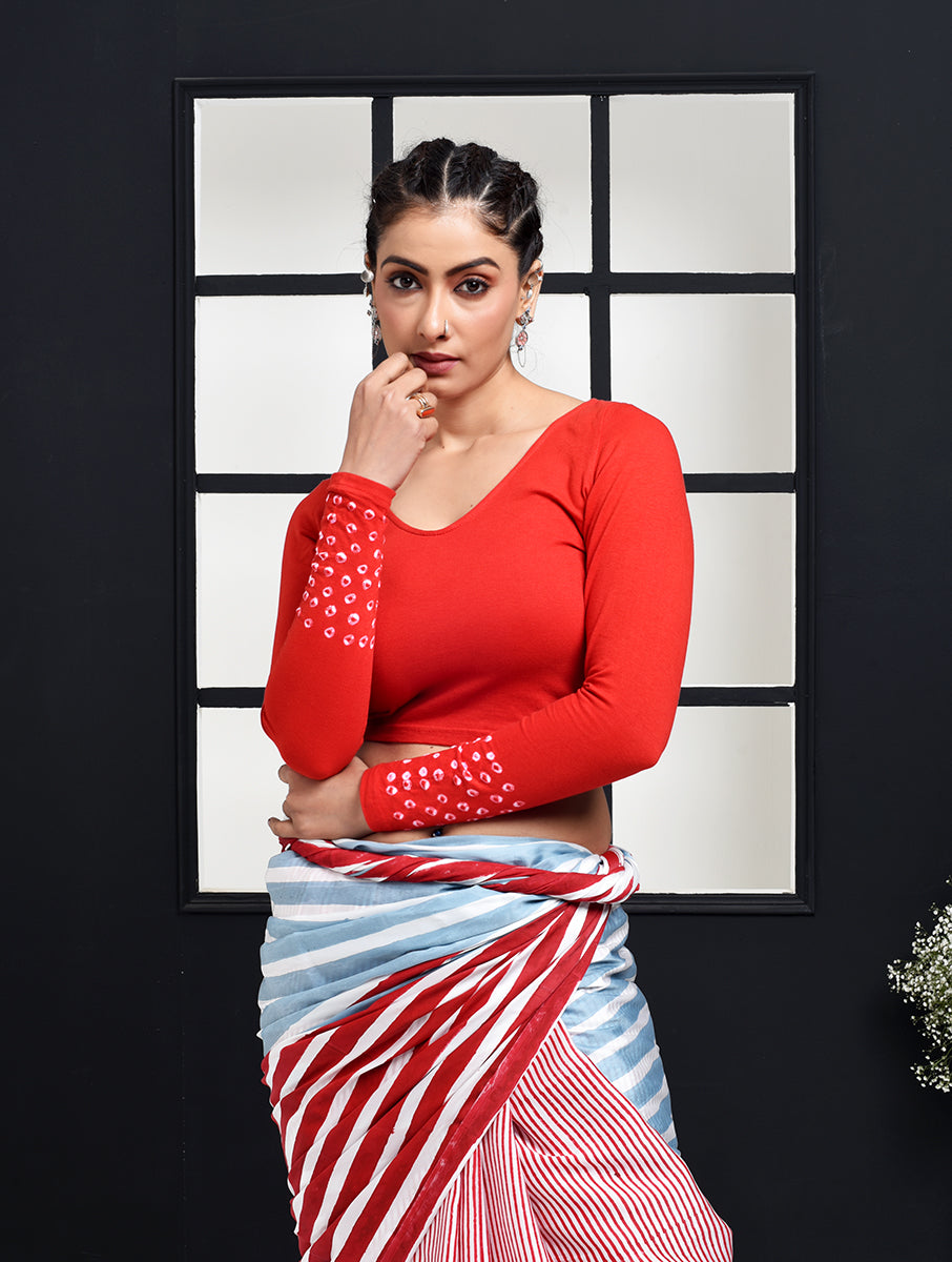 Red Round Bandhej Full Sleeve Stretchable Blouse