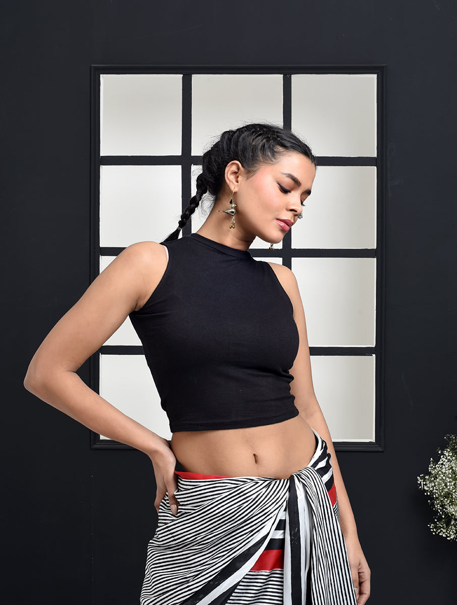 Black Red Round Back Bandhej Highneck Stretchable Blouse