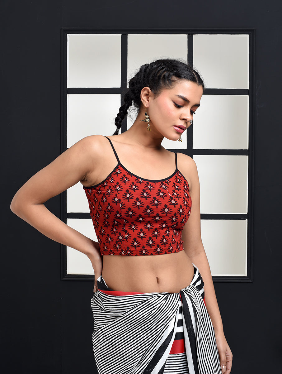 Brick Red Boota Dabu Printed Stretchable Spaghetti Blouse/Crop Top