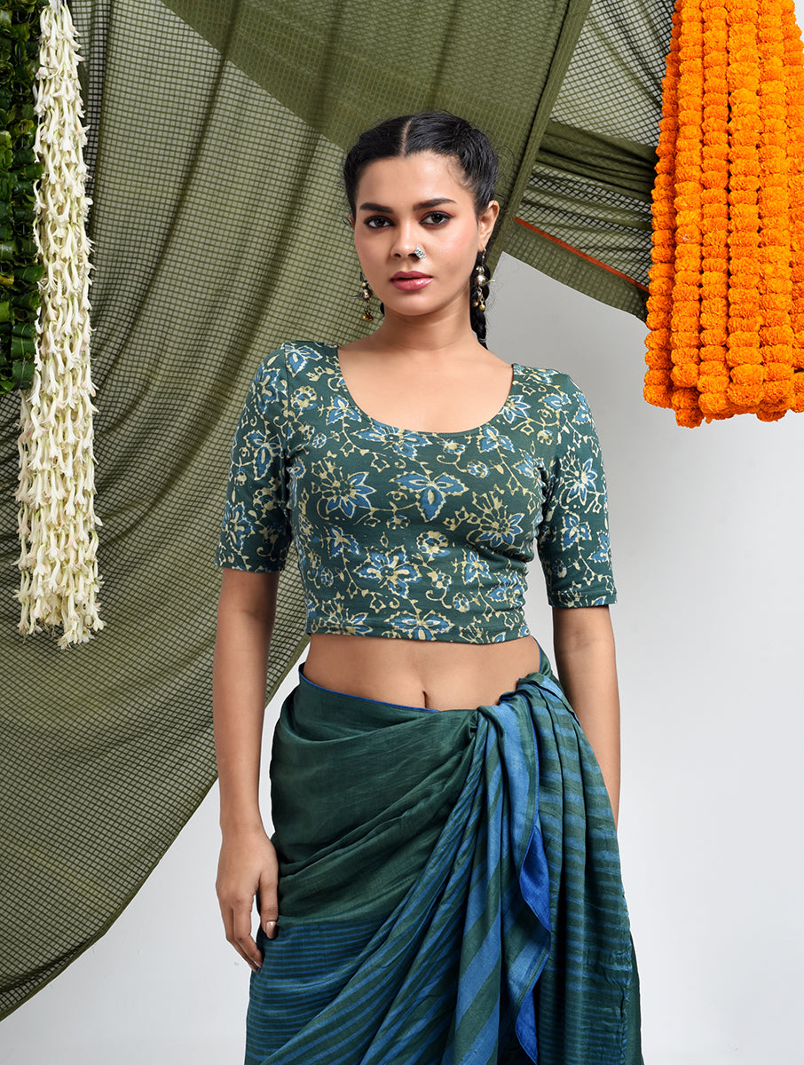 Green Jaal Dabu Printed Stretchable Blouse/Crop Top