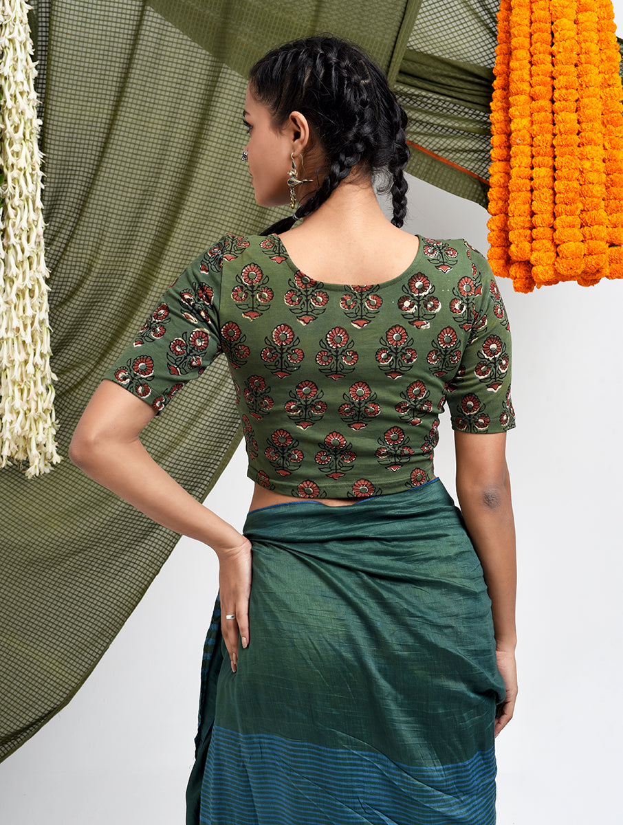 Green Guldasta Dabu Printed Stretchable Blouse/Crop Top