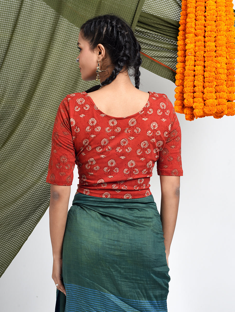 Rust Guldasta Dabu Printed Stretchable Blouse/Crop Top