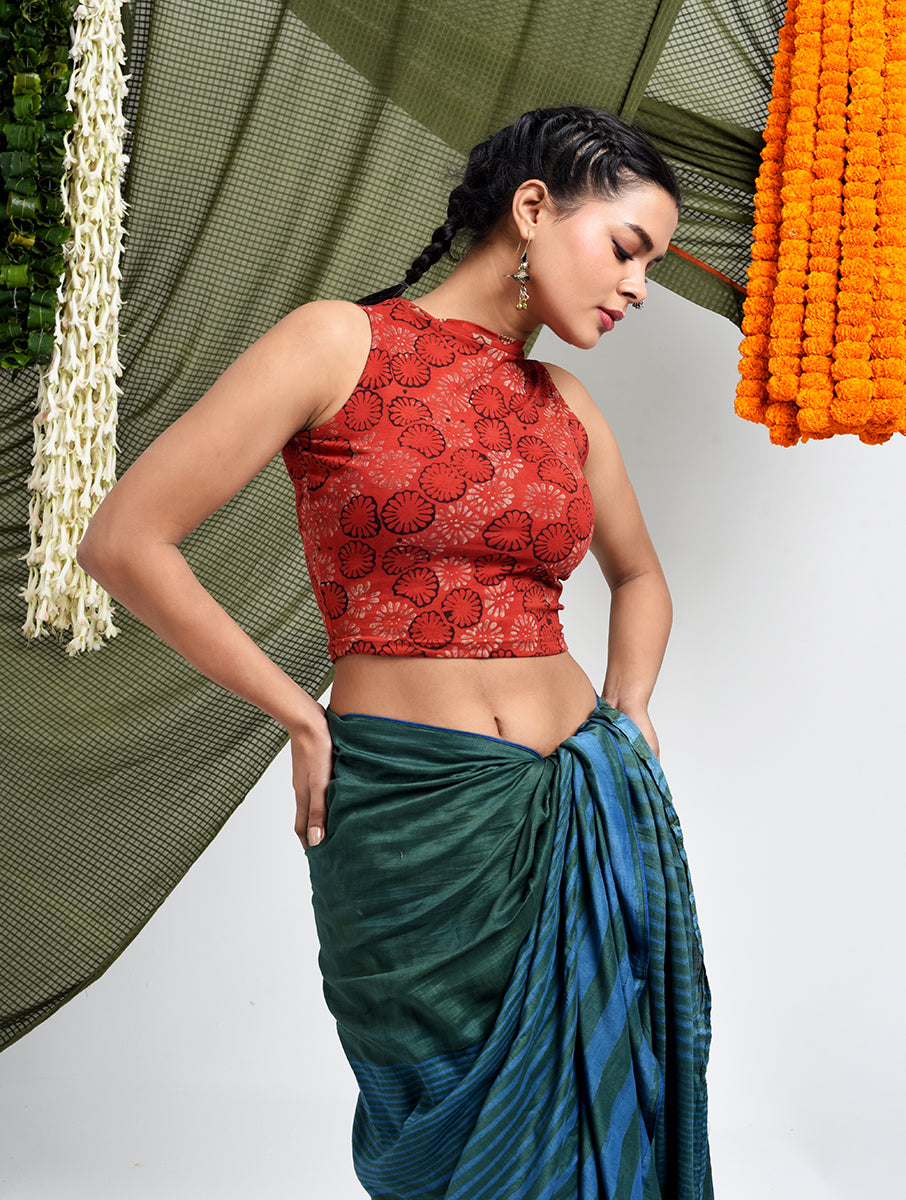 Red Black Flower Dabu Printed Stretchable Blouse