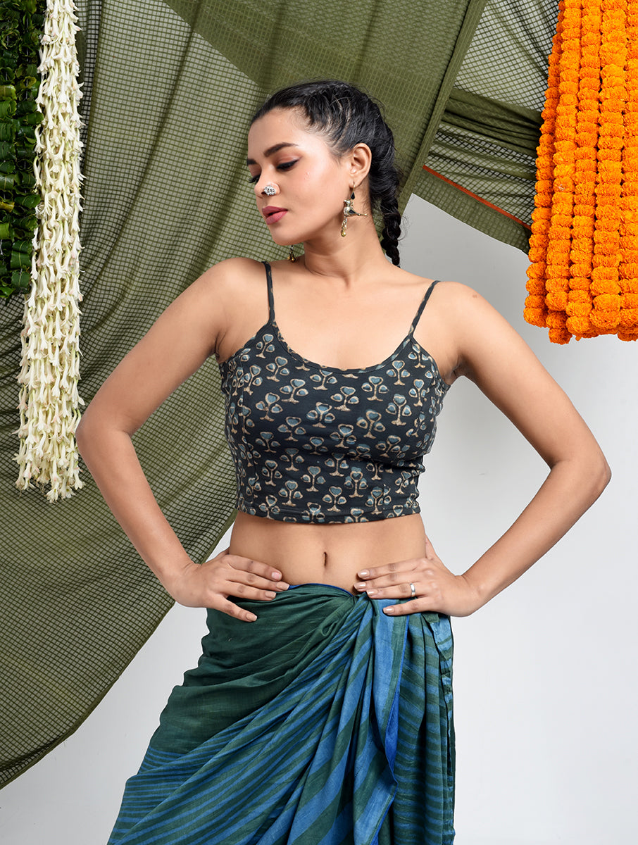 Grey Guldasta Dabu Printed Stretchable Spaghetti Blouse/Crop Top