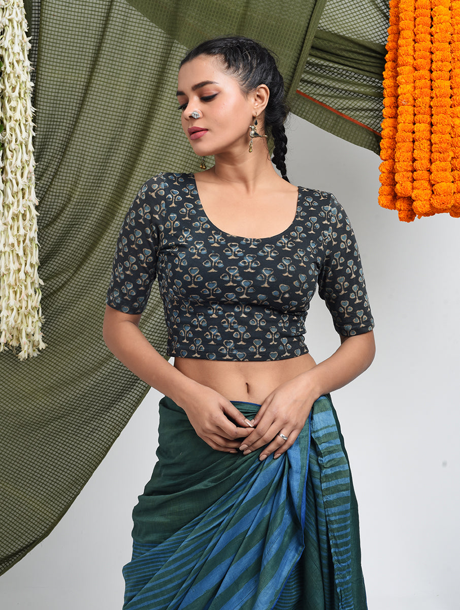 Grey Guldasta Dabu Printed Stretchable Blouse/Crop Top