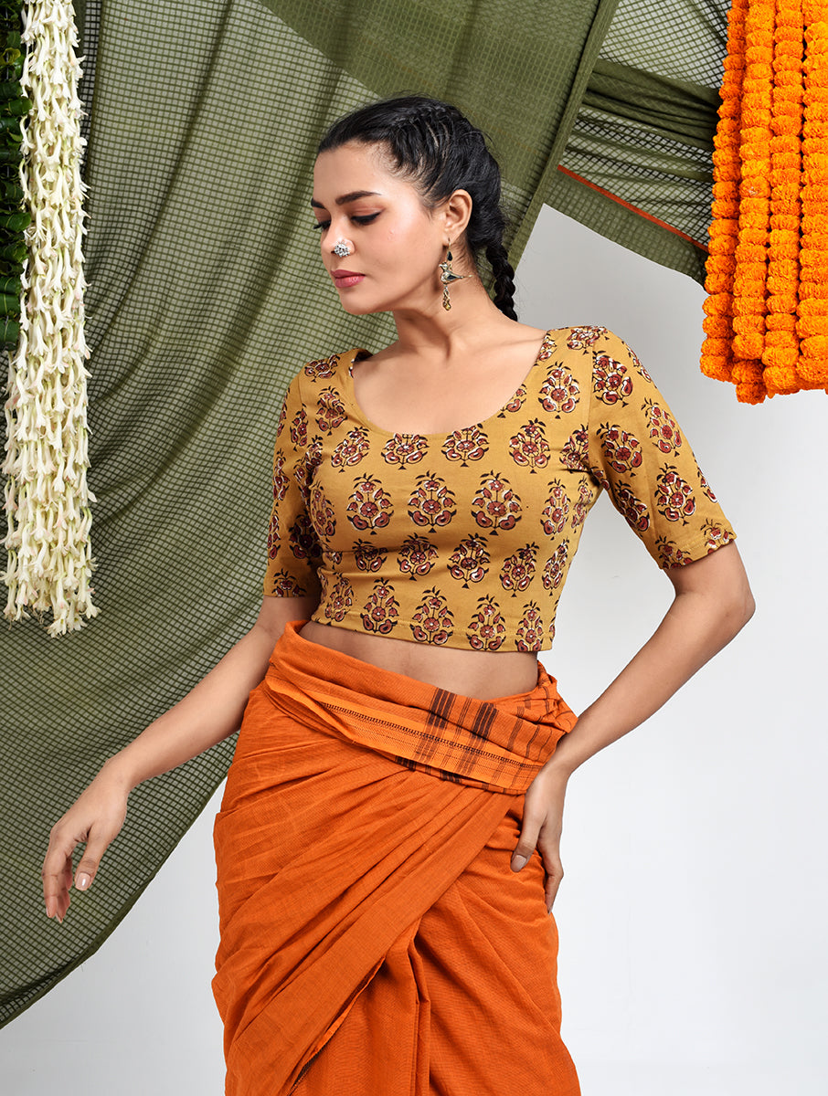 Mustard Guldasta Dabu Printed Stretchable Blouse/Crop Top