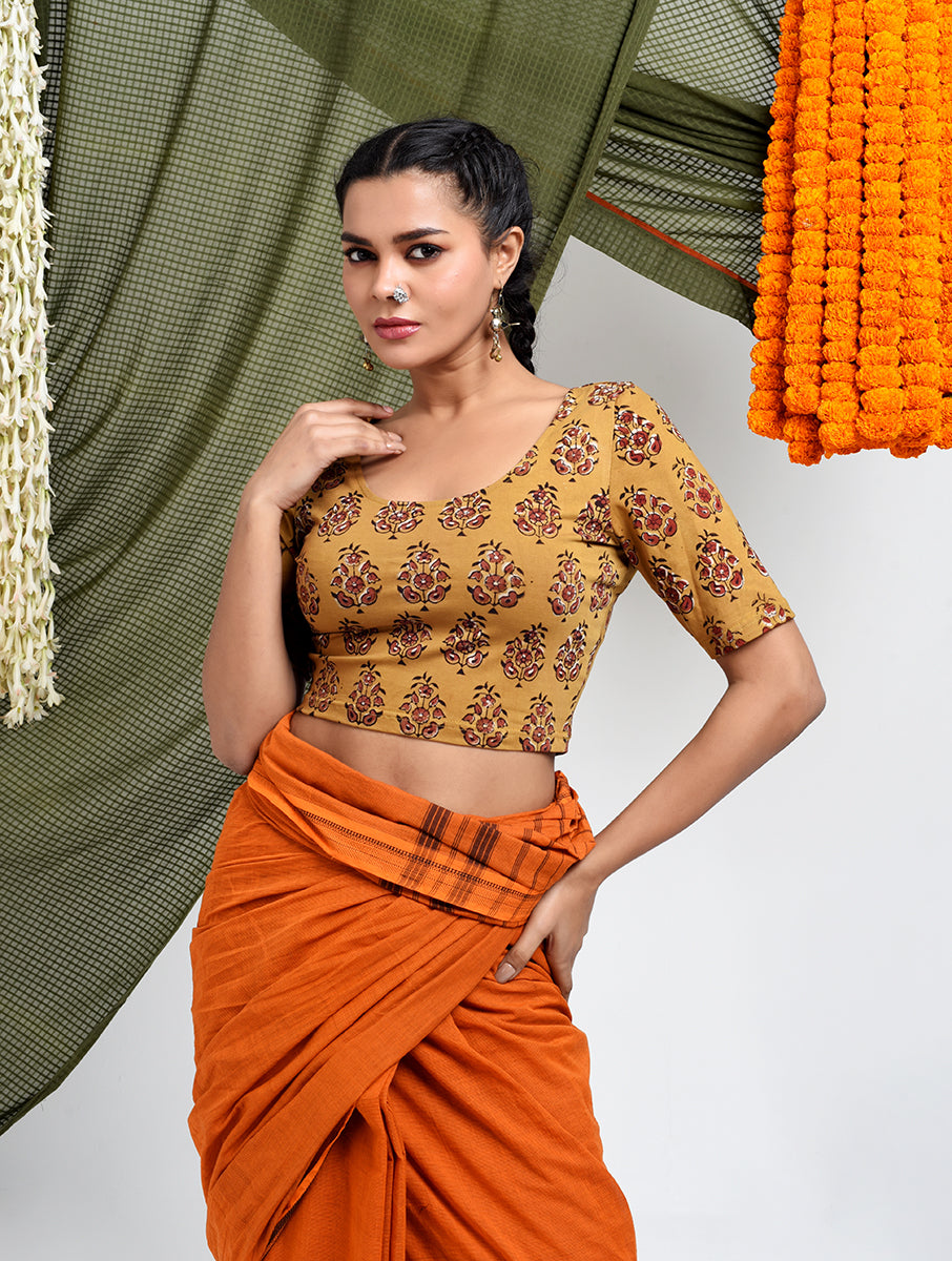 Mustard Guldasta Dabu Printed Stretchable Blouse/Crop Top