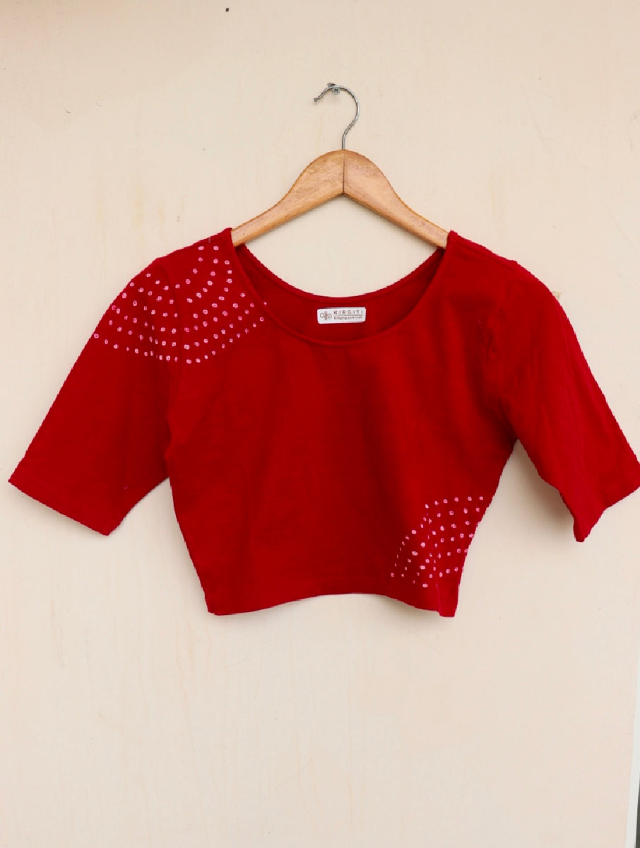 Red Shoulder Bandhej Stretchable Blouse/Crop Top