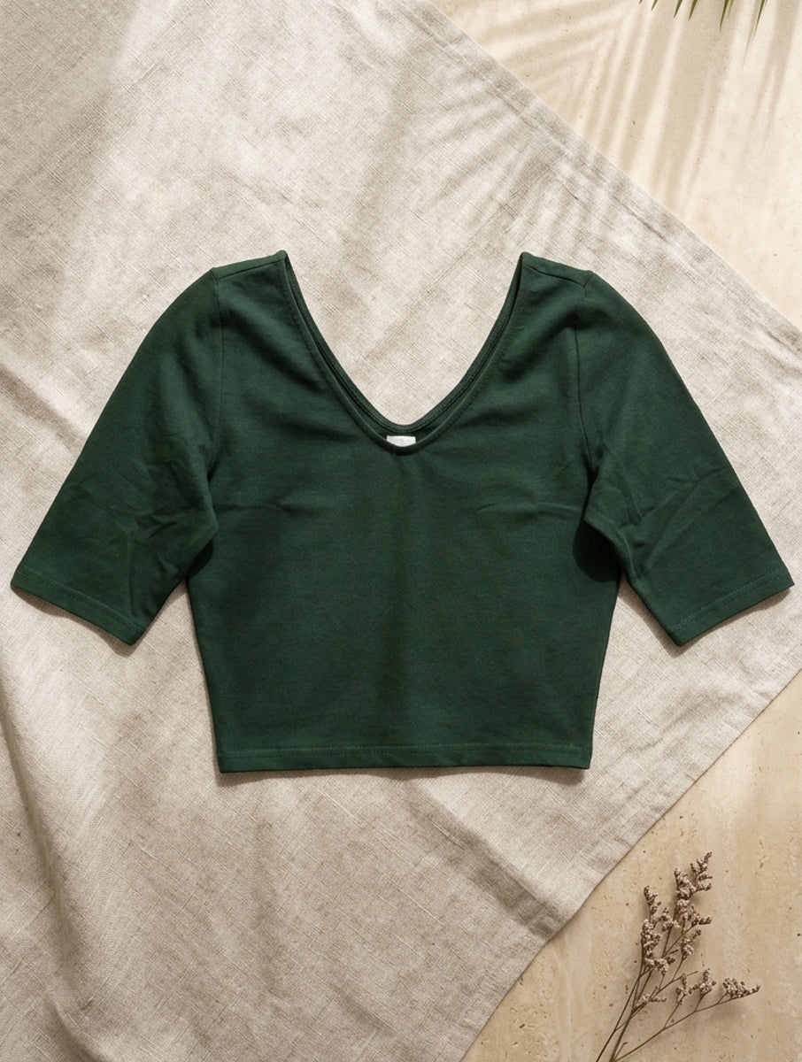 Bottle Green Solid Stretchable Blouse/Crop Top