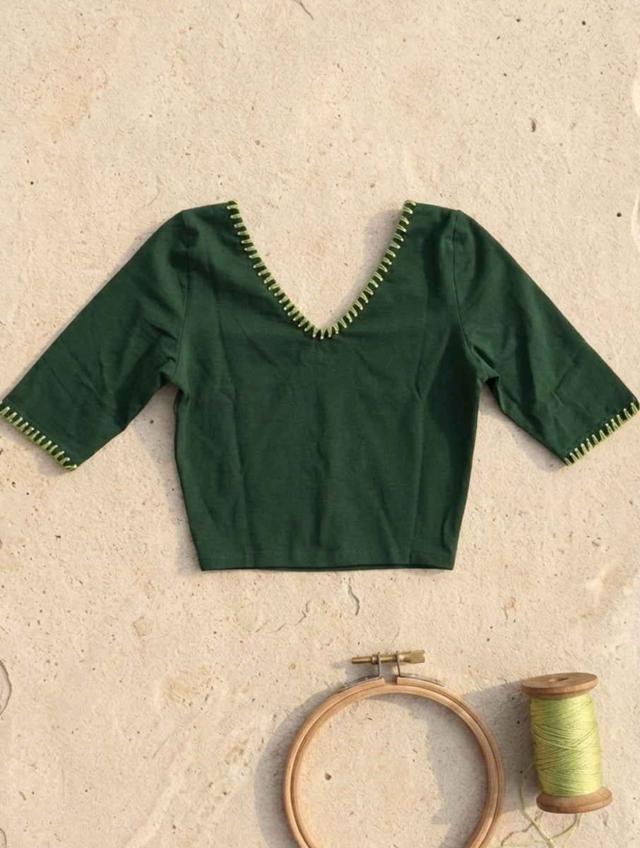 Beaded Vine Edge Stitch Green Hand Embroidered Stretchable Blouse/Crop Top