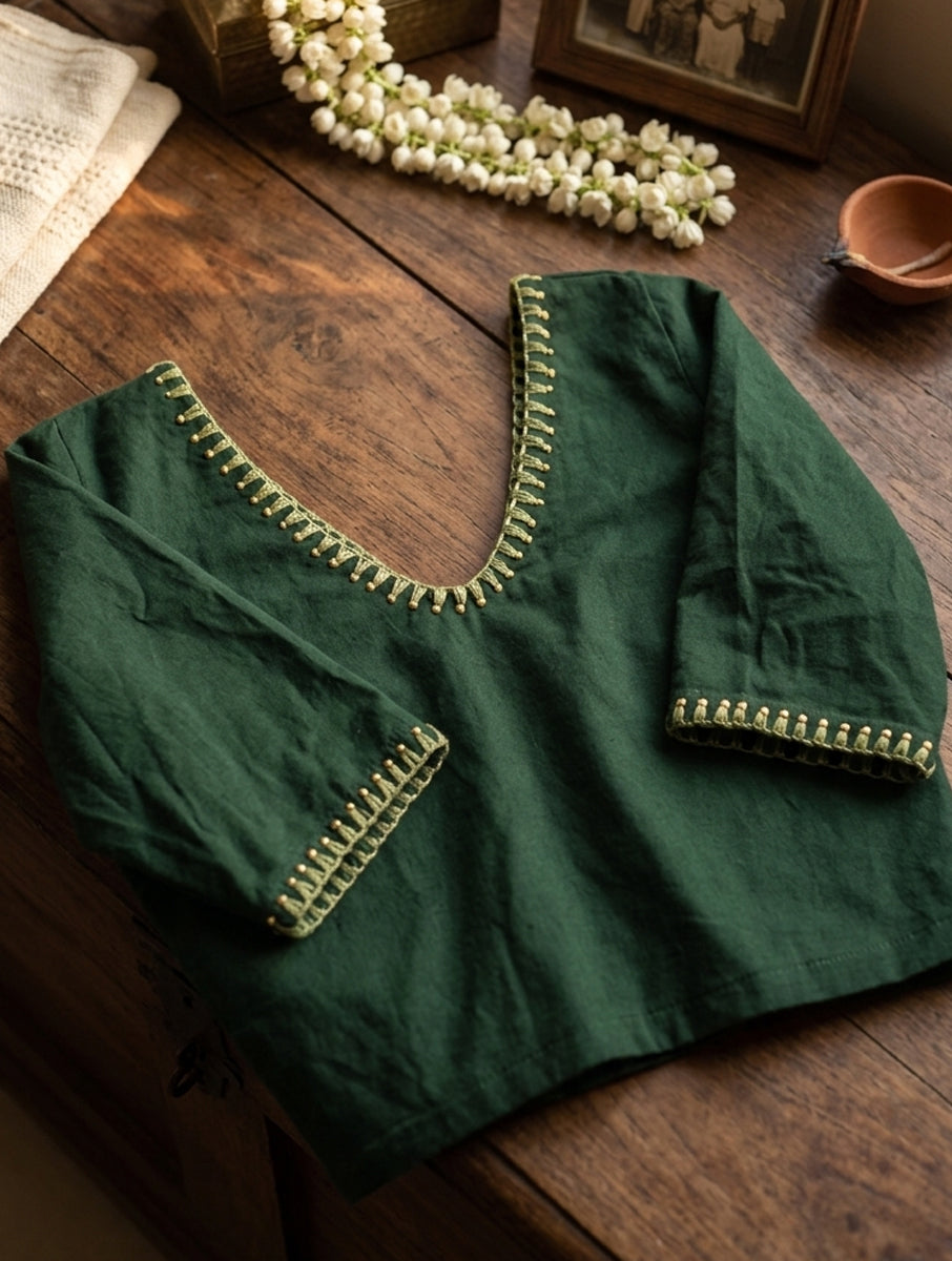 Beaded Vine Edge Stitch Bottle Green Hand Embroidered Stretchable Blouse/Crop Top