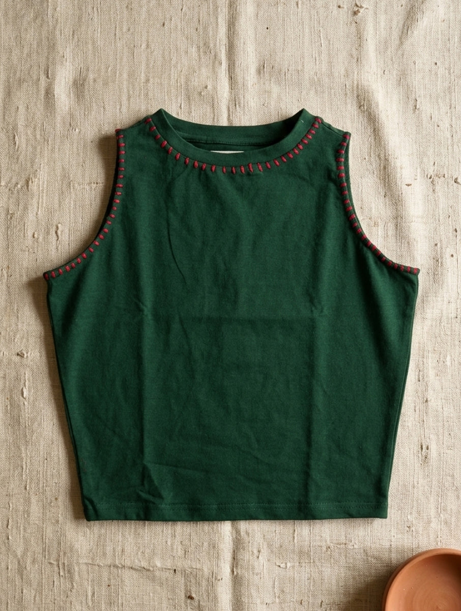 Bottle Green Hand Embroidered High Neck Stretchable Blouse/Crop Top