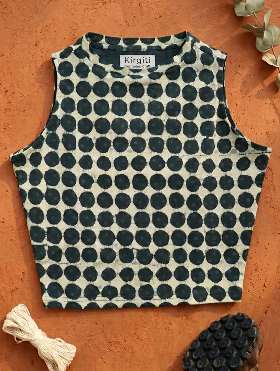 Green Polka Dabu Printed Stretchable High Neck Blouse/Crop Top