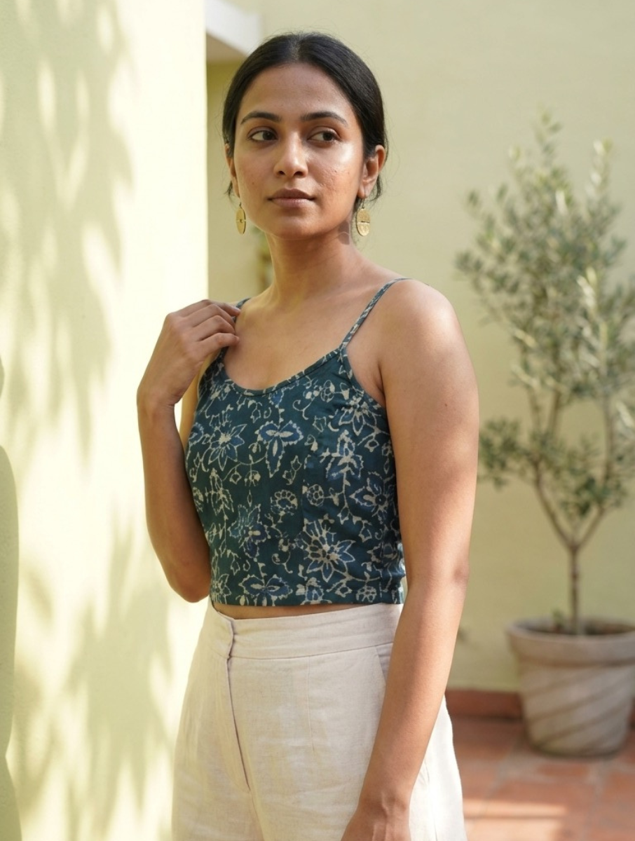 Green Jaal Dabu Printed Stretchable Spaghetti Blouse/Crop Top
