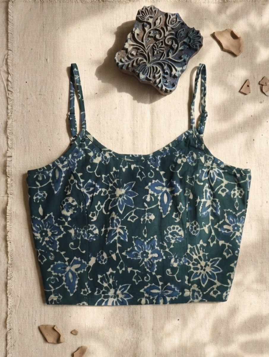 Green Jaal Dabu Printed Stretchable Spaghetti Blouse/Crop Top