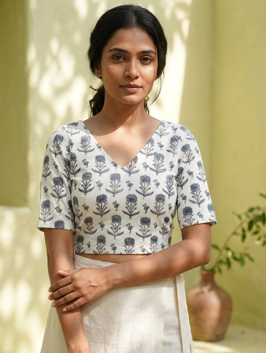 Grey White Guldasta Sanganeri Printed Stretchable Blouse/Crop Top