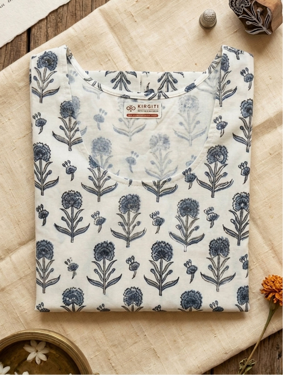 Grey White Guldasta Sanganeri Printed Stretchable Blouse/Crop Top
