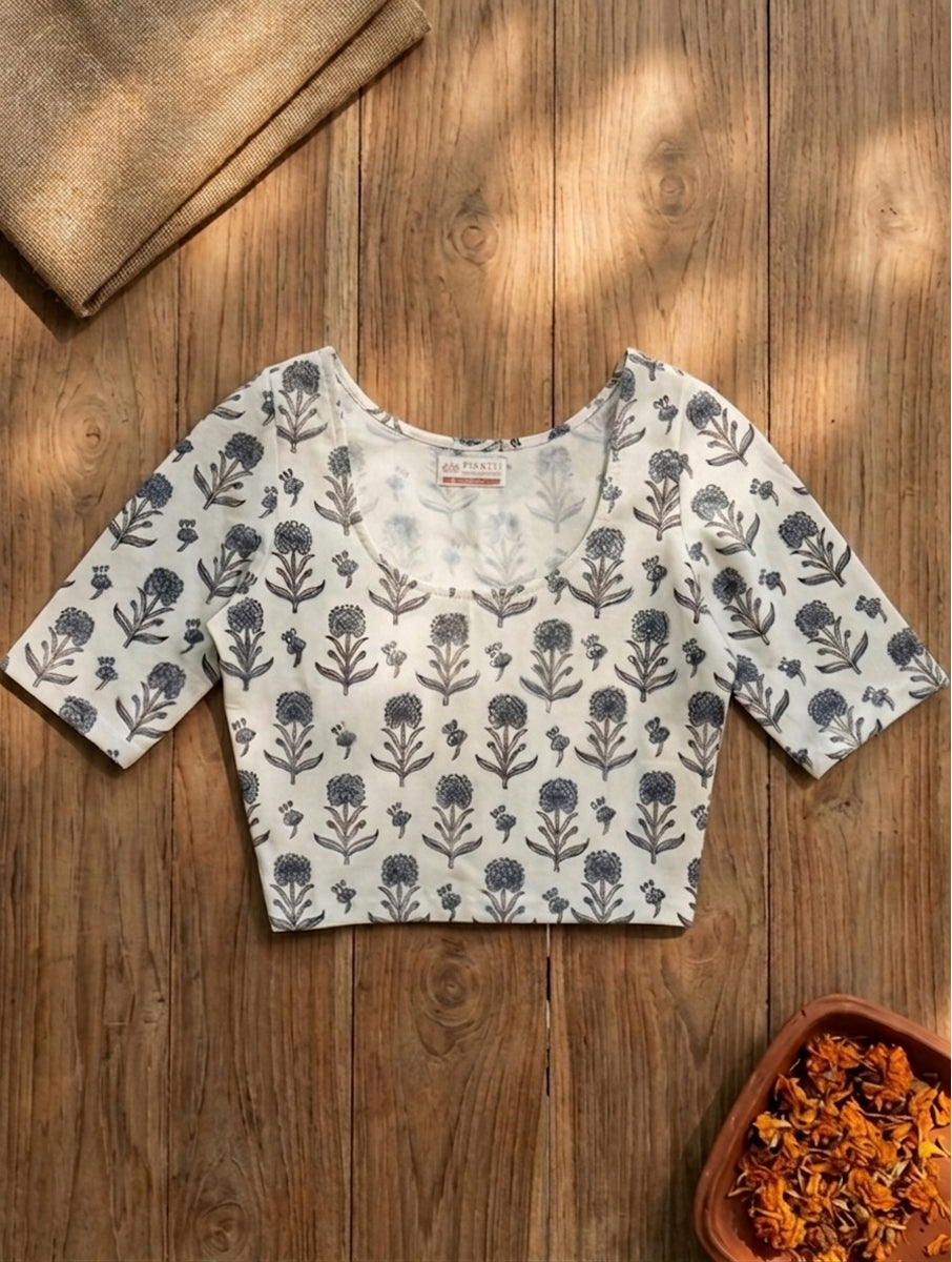 Grey White Guldasta Sanganeri Printed Stretchable Blouse/Crop Top