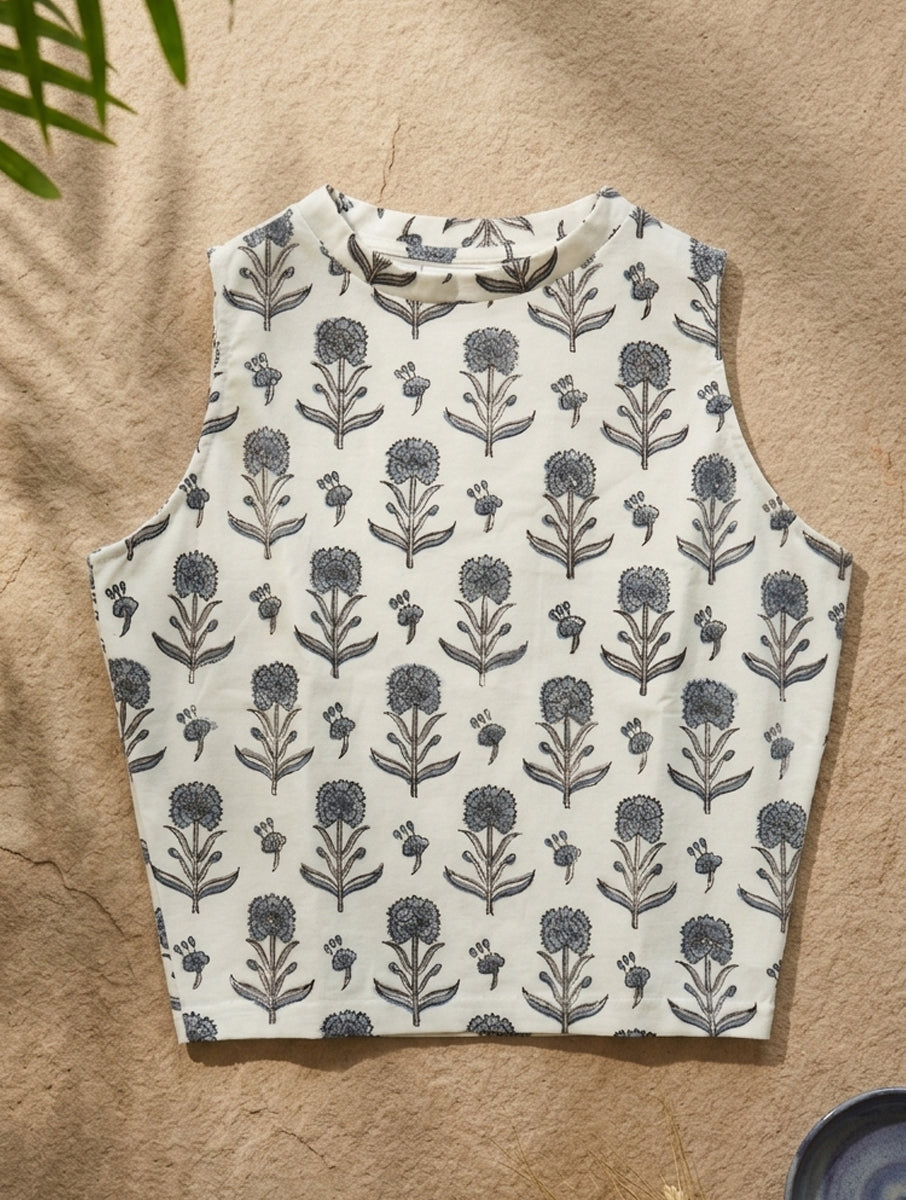 Grey White Guldasta Sanganeri Printed Highneck Stretchable Blouse/Crop Top